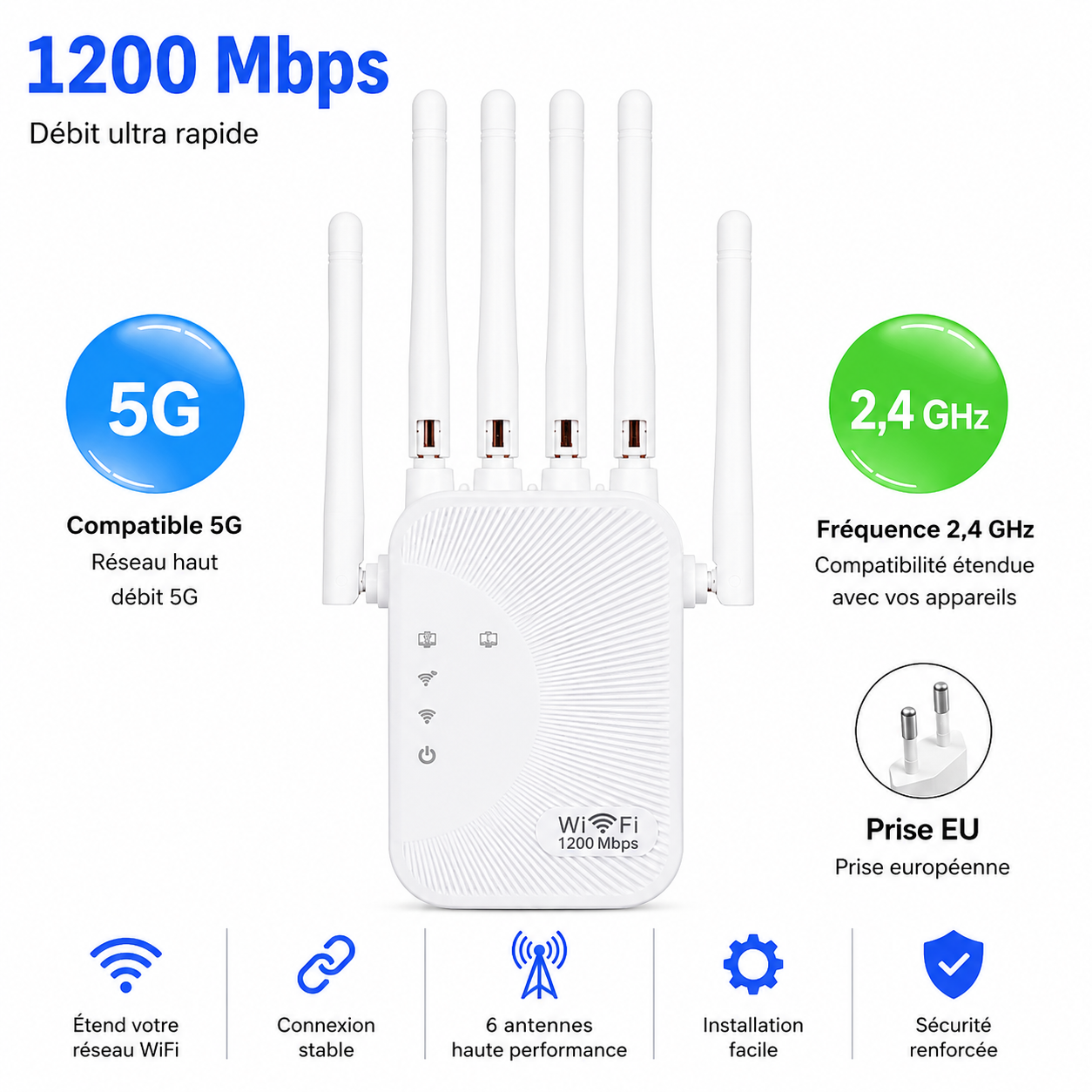 Répéteur Wi-Fi Double Bande 1200 Mbps – Étendez votre connexion partout