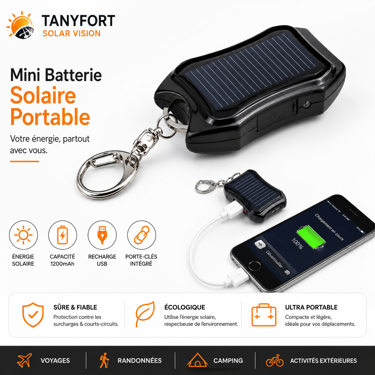 Mini Batterie Externe Solaire 1200mAh – Porte-clés Rechargeable de Secours