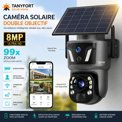 Caméra de Surveillance Solaire 4K Double Lentille : Autonome, Connectée en WiFi ou 4G, Où Que Vous Soyez