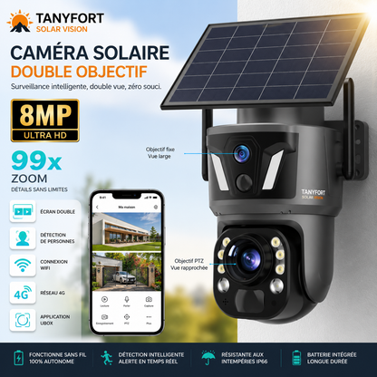 Caméra de Surveillance Solaire 4K Double Lentille – WiFi & 4G SIM