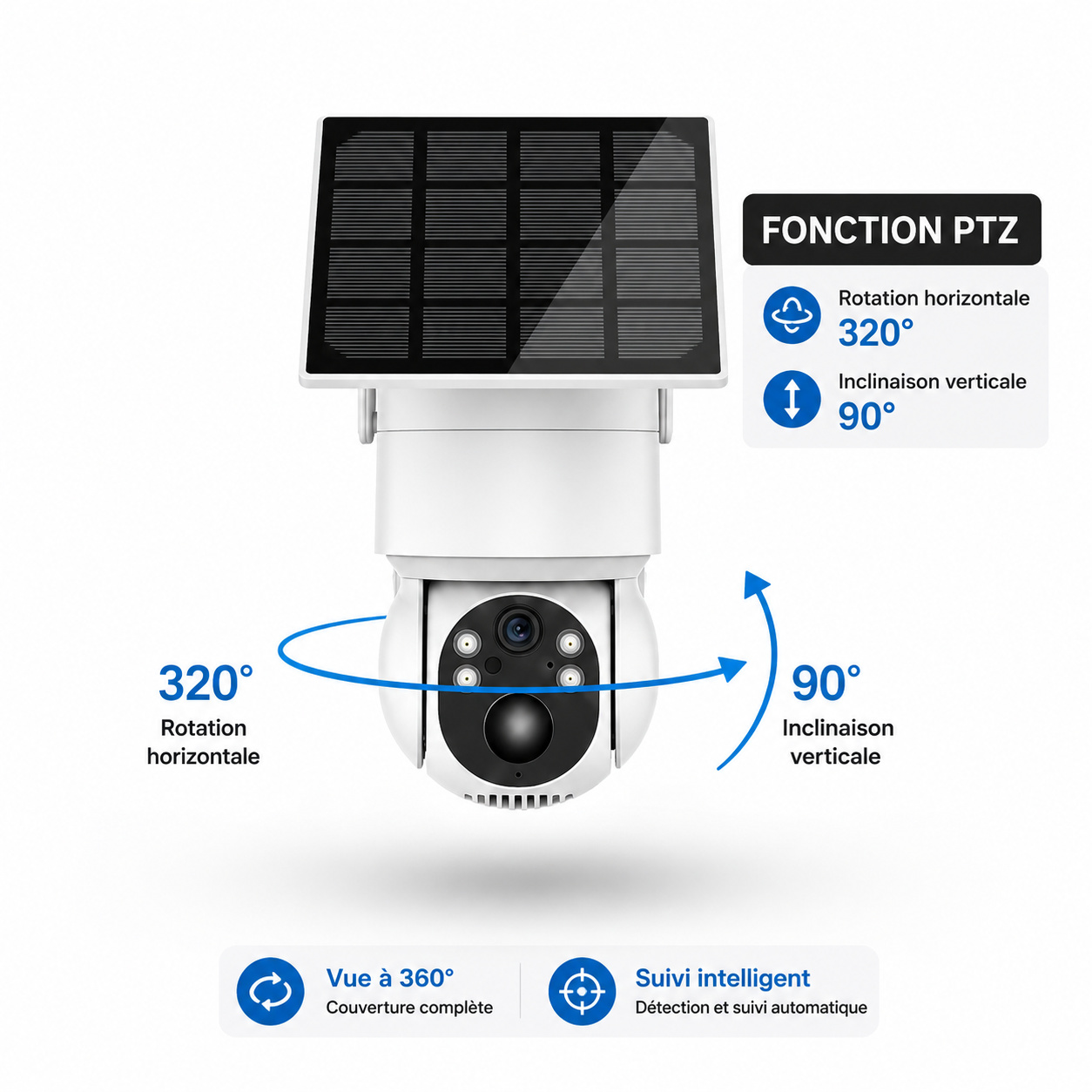 **Caméra Solaire WiFi 4MP Ultra HD – Rotation PTZ, Détection PIR & IA, Audio Bidirectionnel
