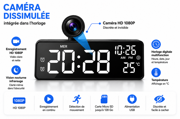 Caméra Horloge WiFi 4K – Détection de Mouvement, Visionnage à Distance & Alertes Instantanées.