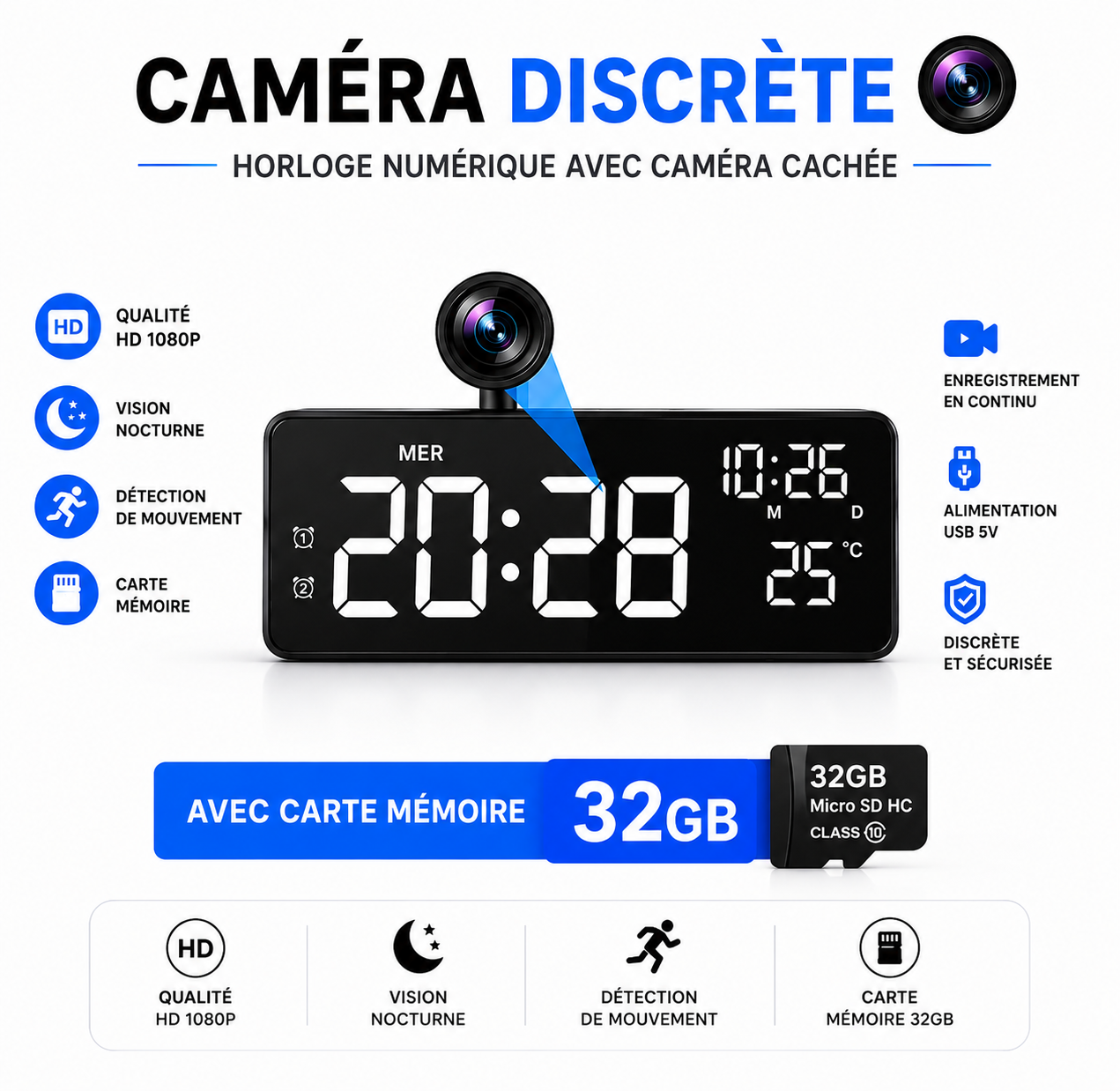 Caméra Horloge WiFi 4K – Détection de Mouvement, Visionnage à Distance & Alertes Instantanées.