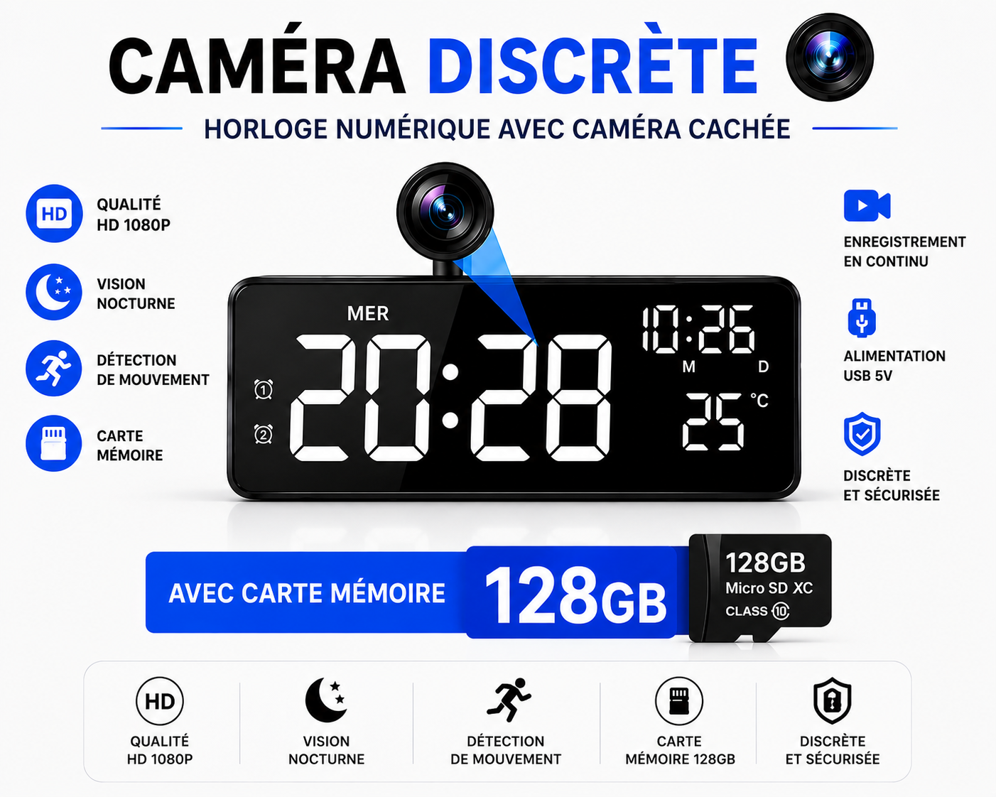 Caméra Horloge WiFi 4K – Détection de Mouvement, Visionnage à Distance & Alertes Instantanées.