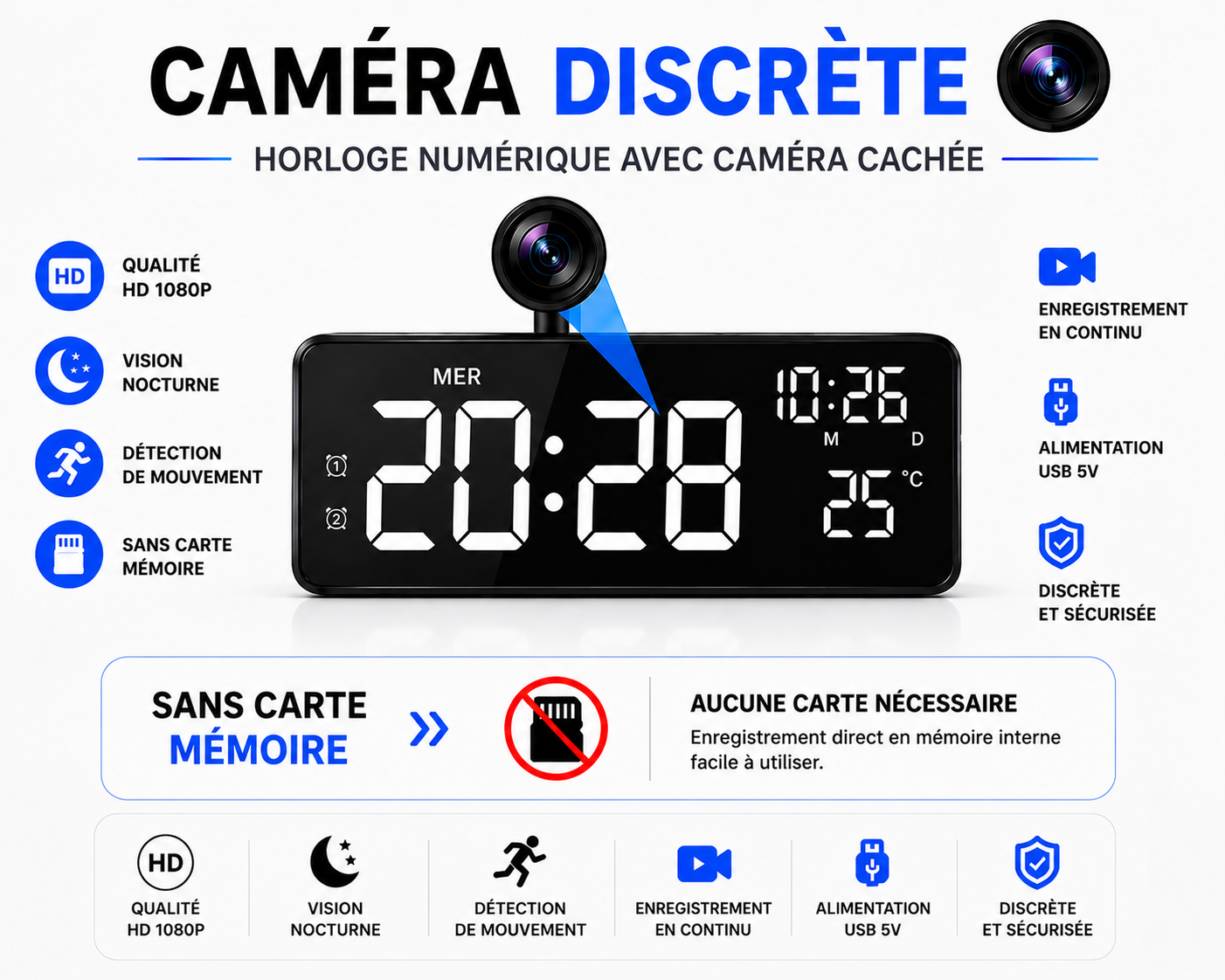 Caméra Horloge WiFi 4K – Détection de Mouvement, Visionnage à Distance & Alertes Instantanées.