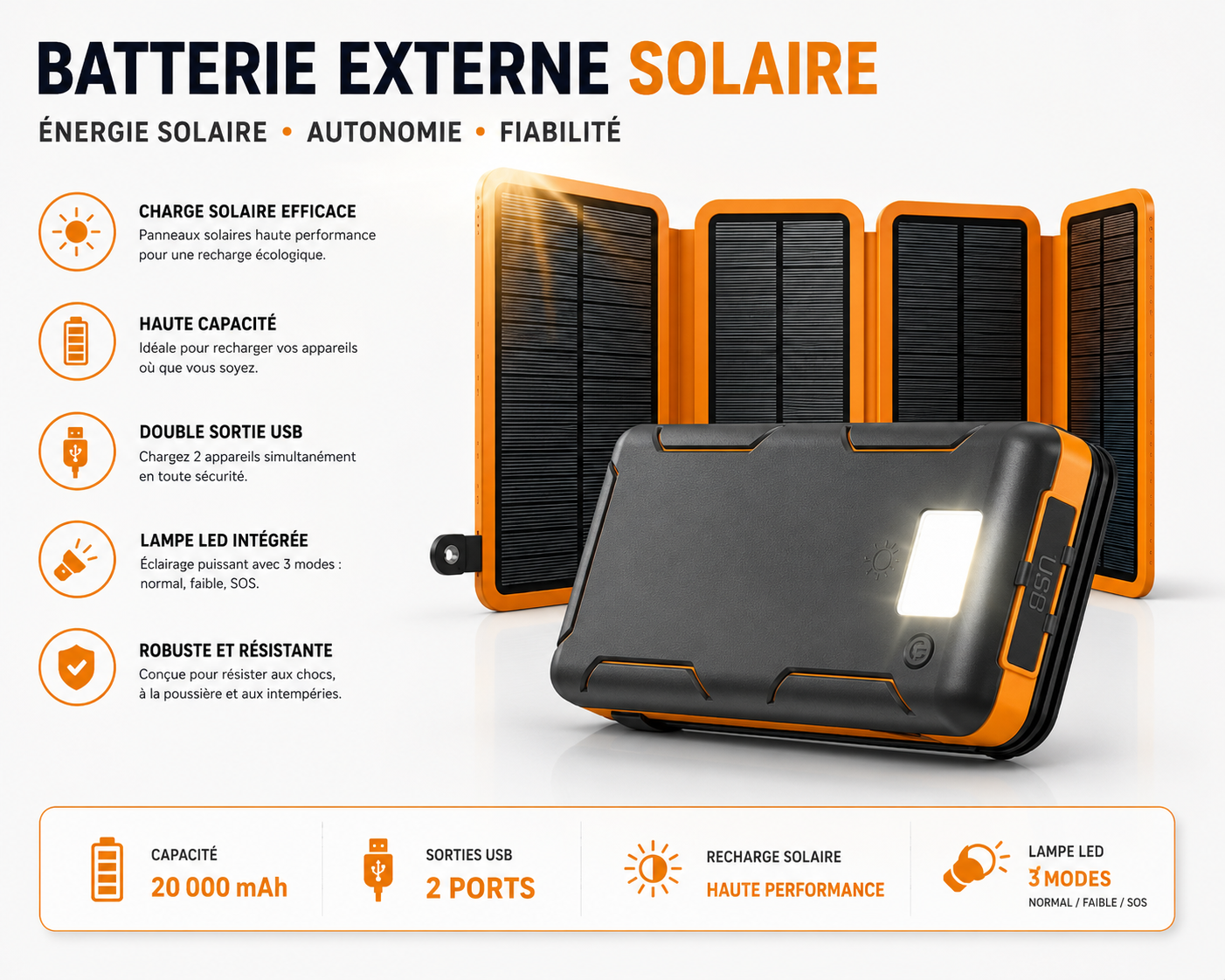 Batterie Externe Solaire 5000mAh Pliable – Charge Rapide USB-C, USB-A & 4 Panneaux Solaires