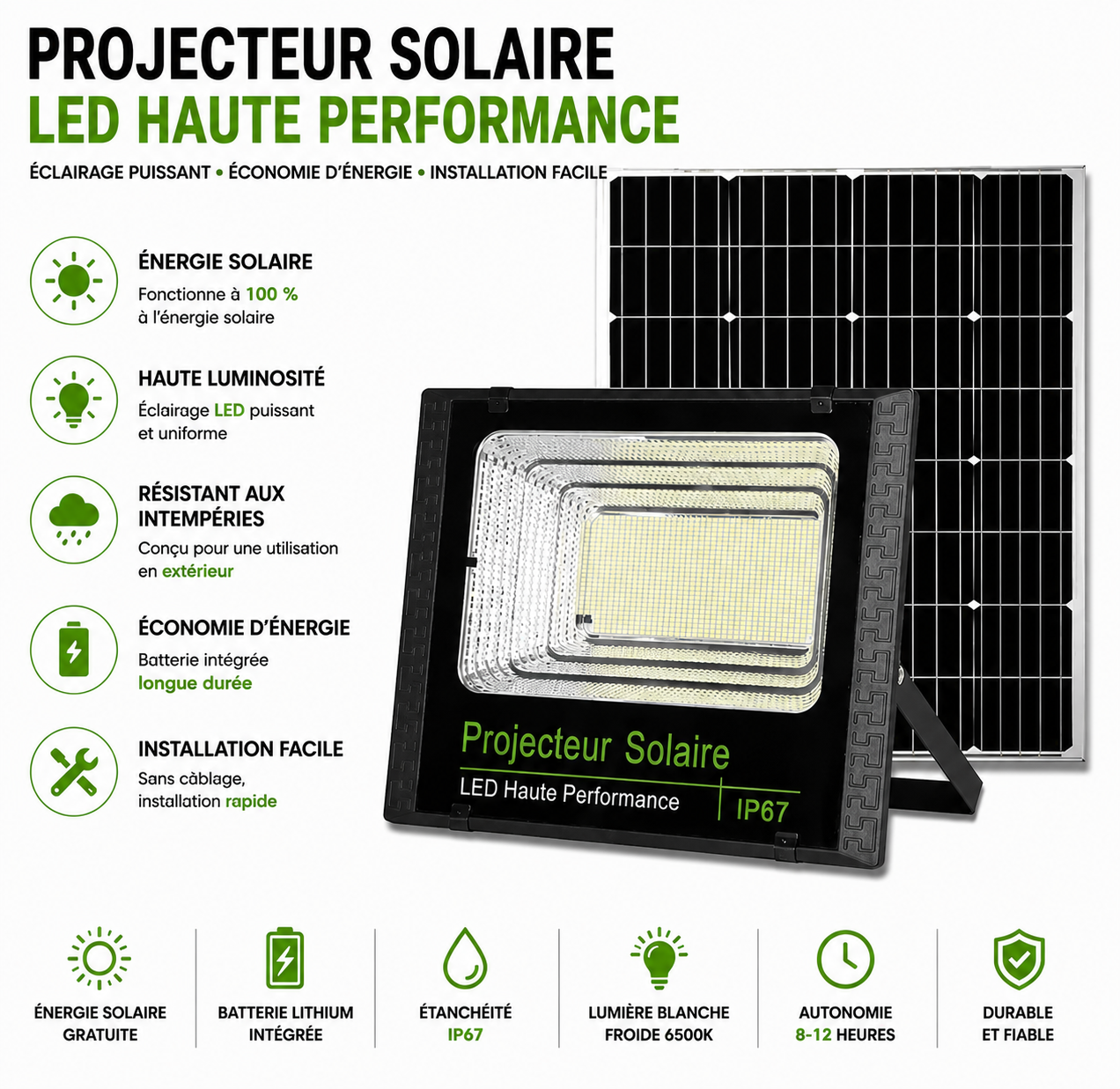 Projecteur Solaire LED 50W à 500W – Éclairage Extérieur Haute Puissance IP65
