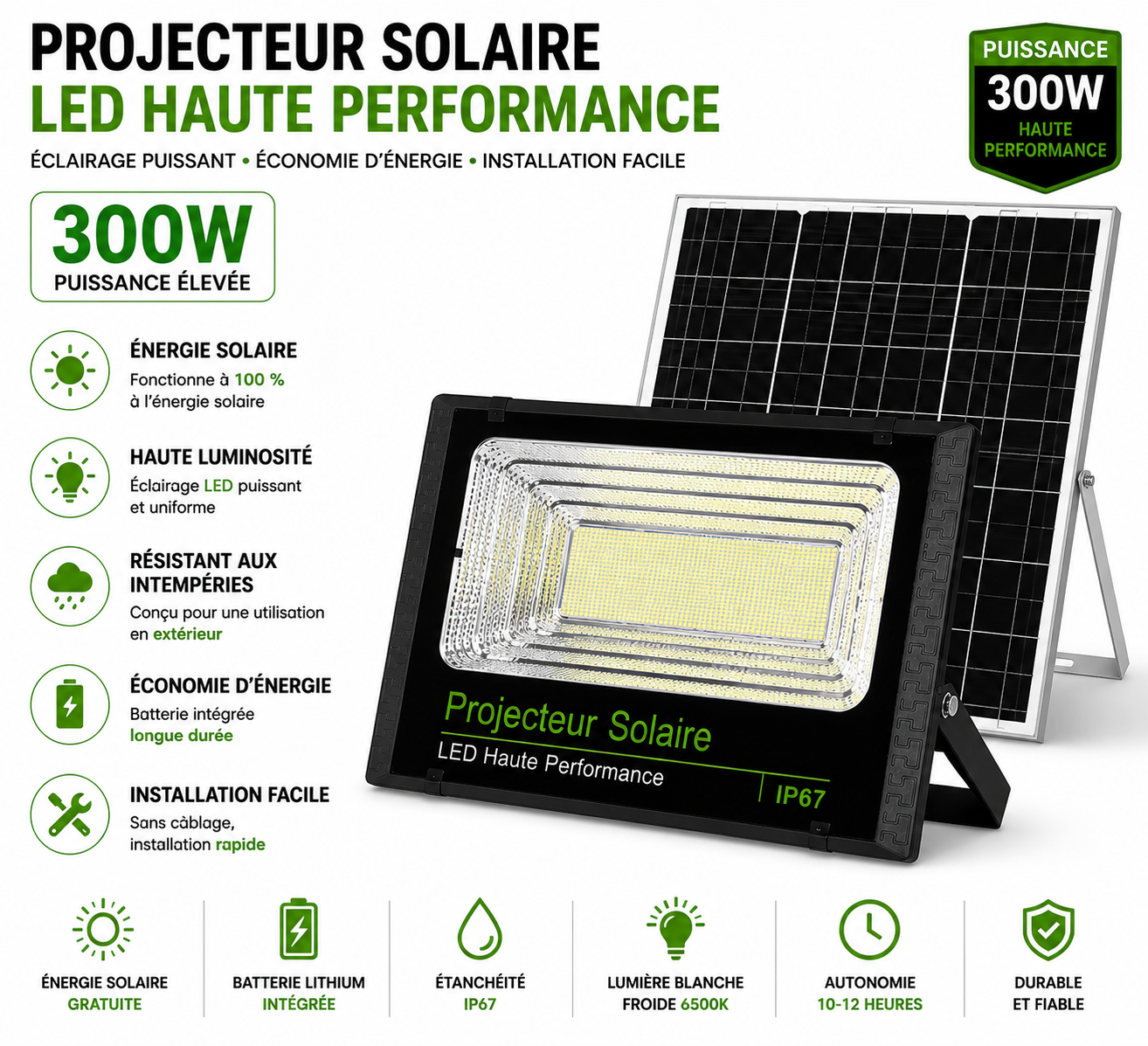 Projecteur Solaire LED 50W à 500W – Éclairage Extérieur Haute Puissance IP65