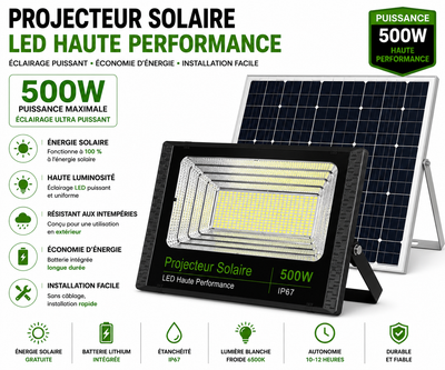 Projecteur Solaire LED 50W à 500W : Une Puissance d'Éclairage Exceptionnelle, Résistant à Toutes les Intempéries (IP65)