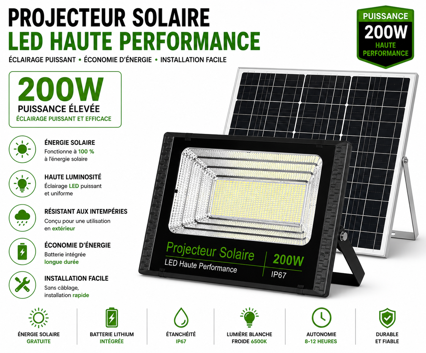 Projecteur Solaire LED 50W à 500W – Éclairage Extérieur Haute Puissance IP65