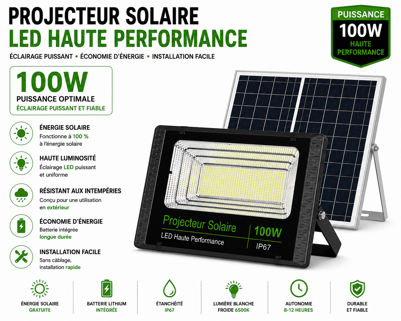Projecteur Solaire LED 50W à 500W – Éclairage Extérieur Haute Puissance IP65