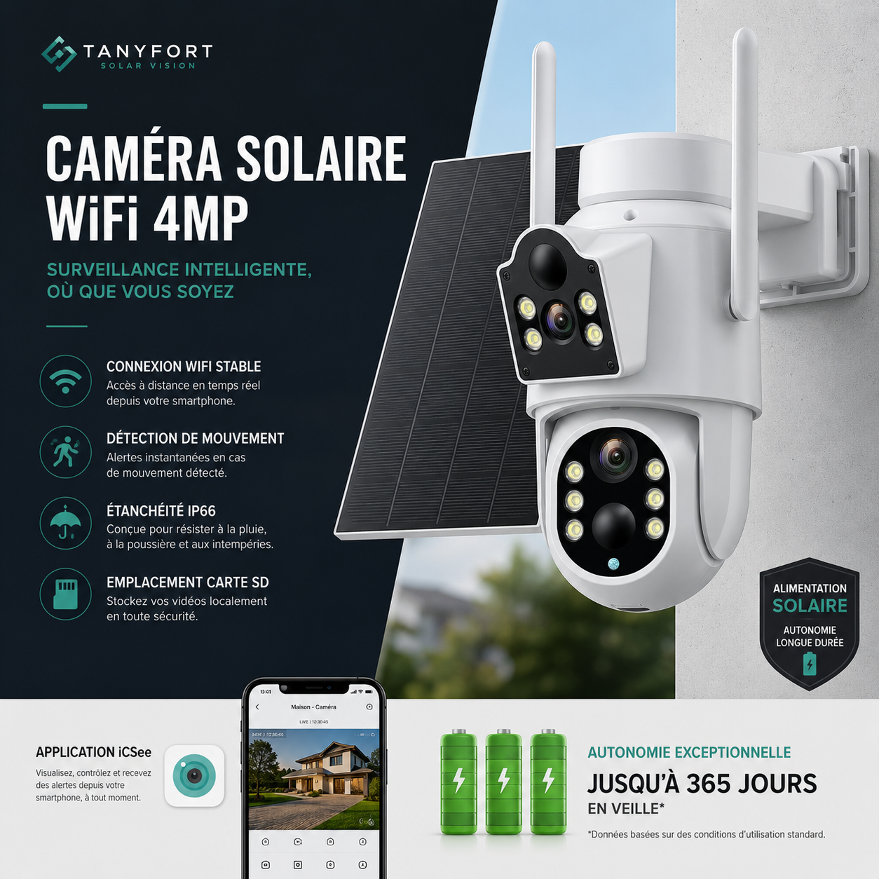 **Caméra Solaire Double Objectif 4MP – Surveillance Autonome 24h/24, Rotation PTZ & Détection Intelligente