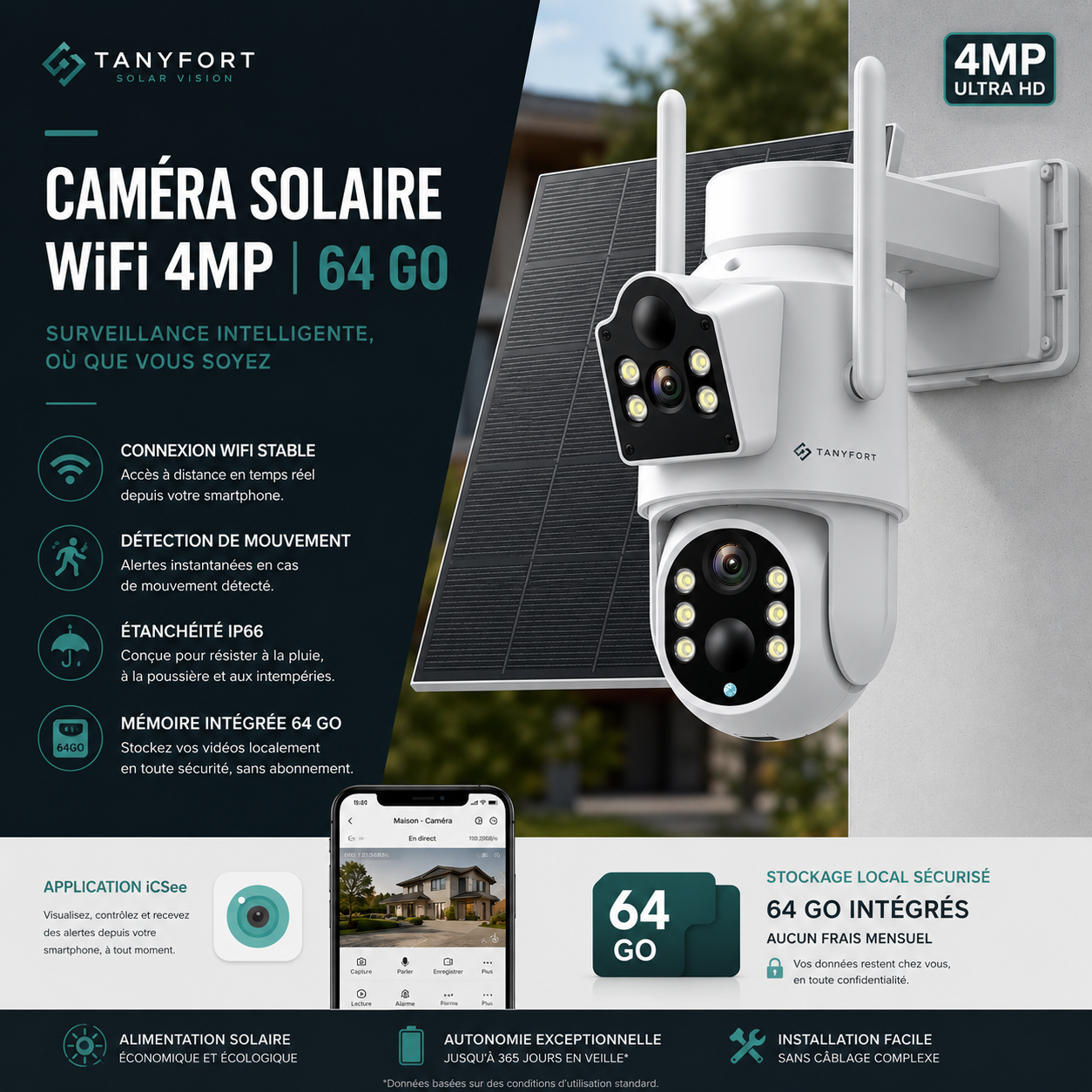 **Caméra Solaire Double Objectif 4MP – Surveillance Autonome 24h/24, Rotation PTZ & Détection Intelligente