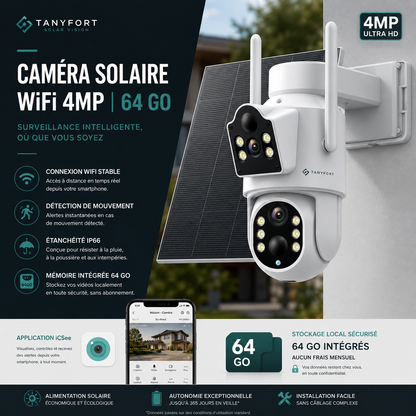 **Caméra Solaire Double Objectif 4MP – Surveillance Autonome 24h/24, Rotation PTZ & Détection Intelligente