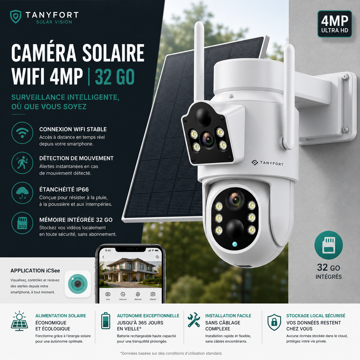 **Caméra Solaire Double Objectif 4MP – Surveillance Autonome 24h/24, Rotation PTZ & Détection Intelligente