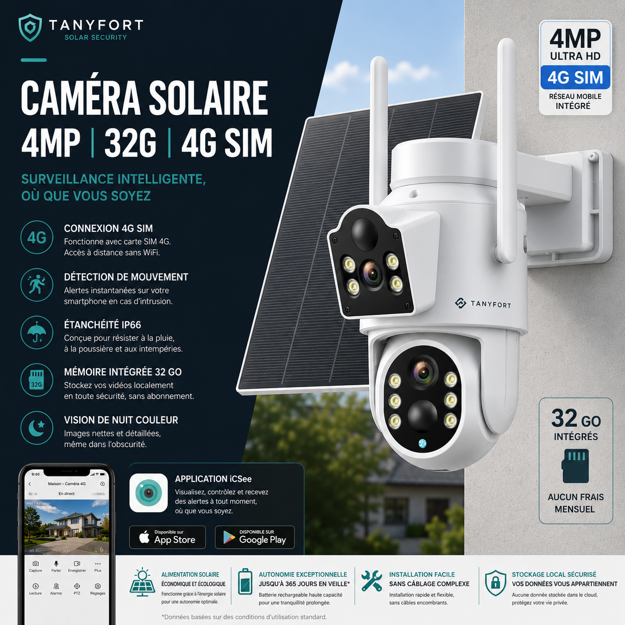 **Caméra Solaire Double Objectif 4MP – Surveillance Autonome 24h/24, Rotation PTZ & Détection Intelligente