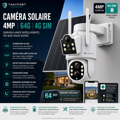 **Caméra Solaire Double Objectif 4MP – Surveillance Autonome 24h/24, Rotation PTZ & Détection Intelligente