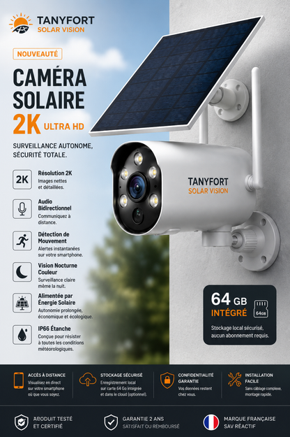 Caméra Solaire WiFi 2K – Vision Nocturne Couleur & Détection IA