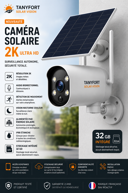 Caméra Solaire WiFi 2K – Vision Nocturne Couleur & Détection IA