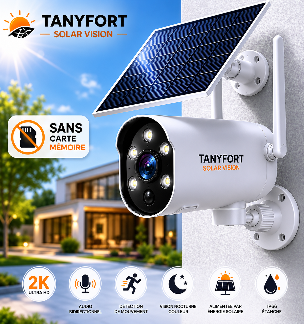 Caméra Solaire WiFi 2K – Vision Nocturne Couleur & Détection IA