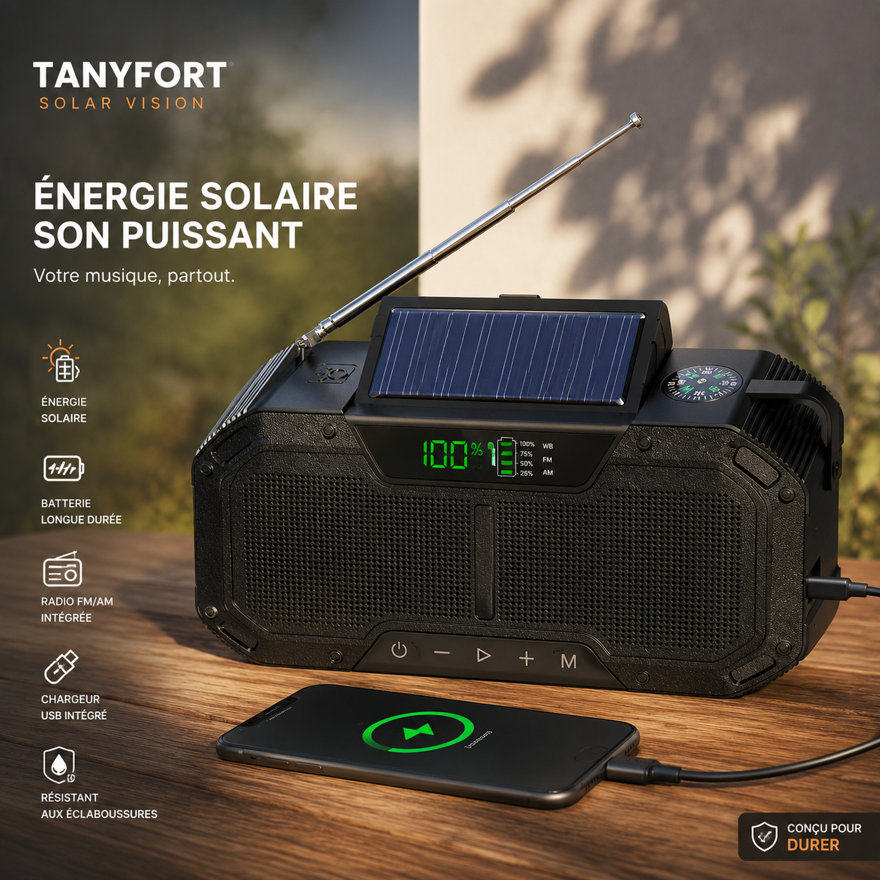 Radio d'Urgence Solaire 5000mAh – Bluetooth, Lampe LED & Batterie Externe