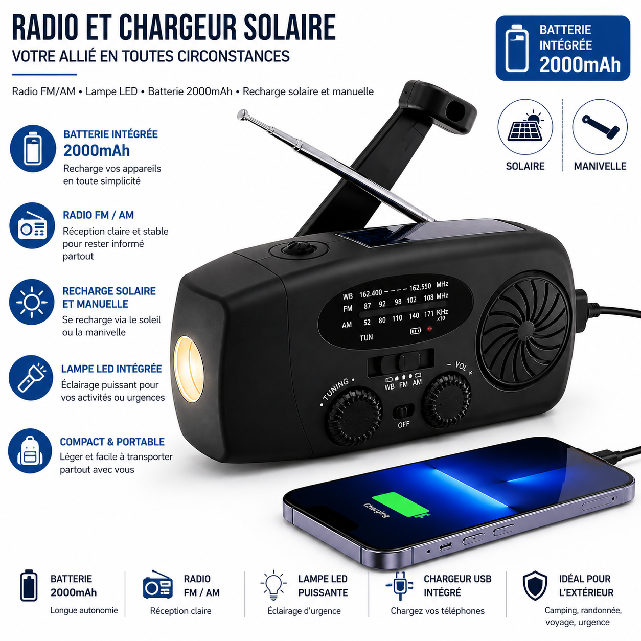 Radio Solaire d'Urgence Multifonction – Manivelle, Power Bank & Lampe LED